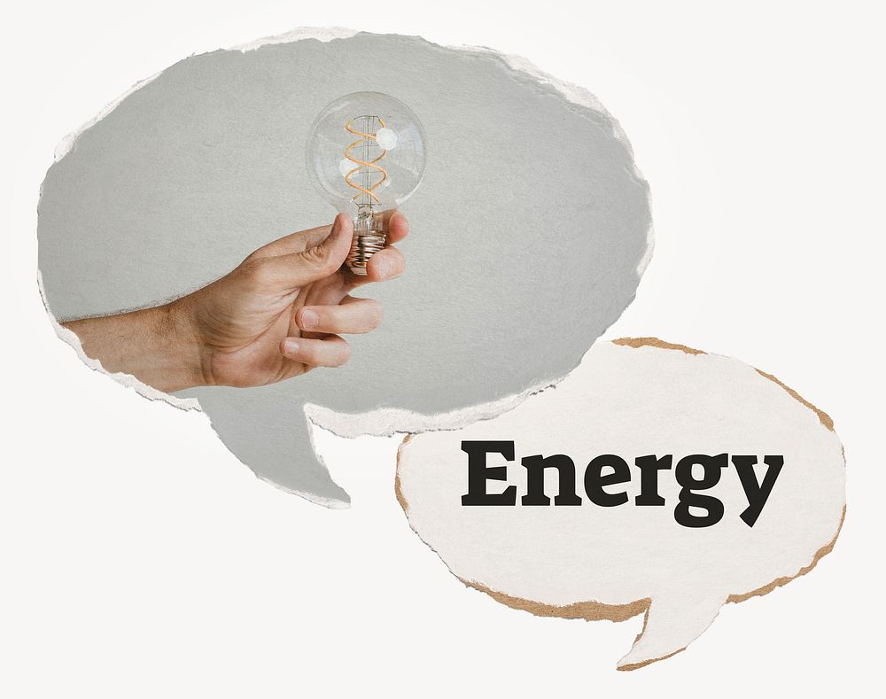 Energy paper speech bubble, hand holding light bulb