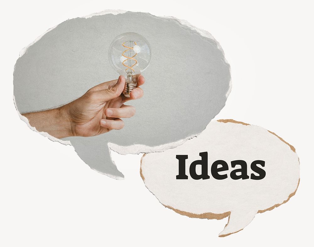 Ideas paper speech bubble, hand holding light bulb