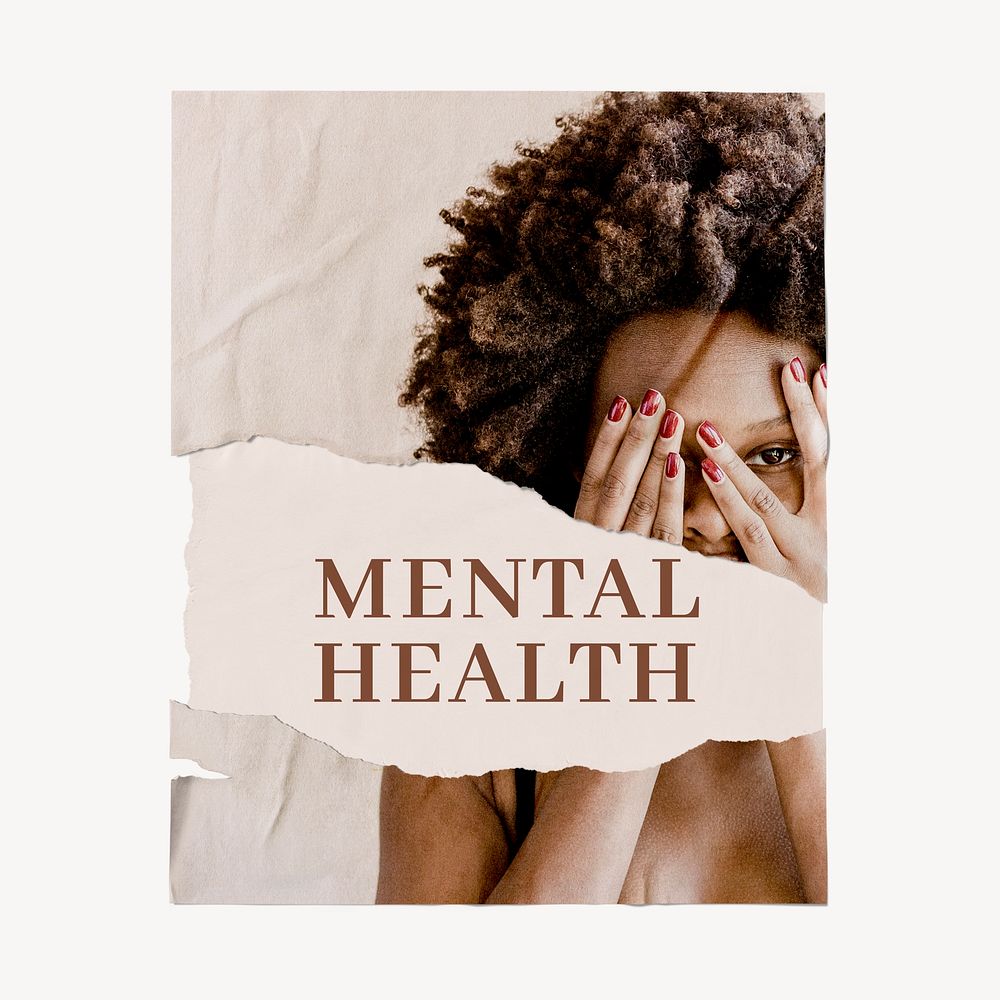 Mental health ripped poster, wellness concept with woman covering face image