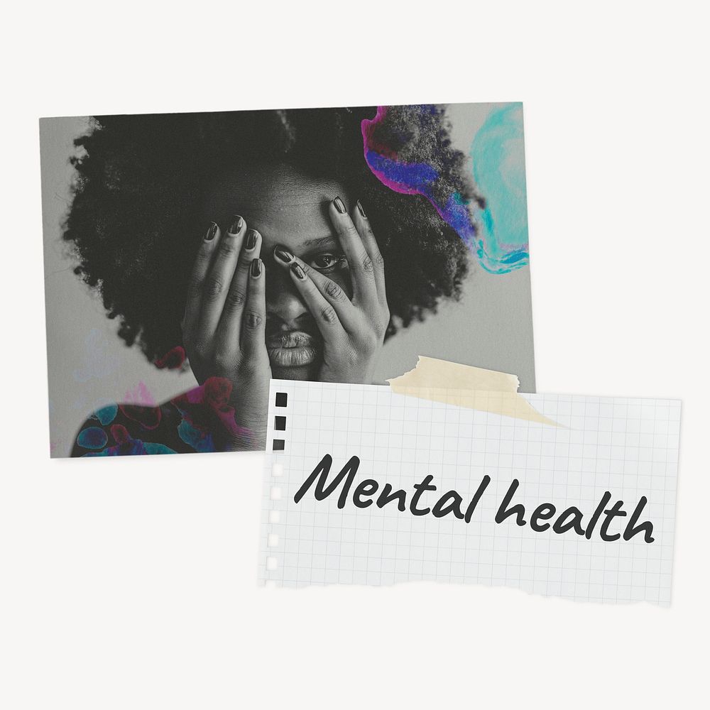 Mood board mockup, aesthetic paper collage with mental health text psd