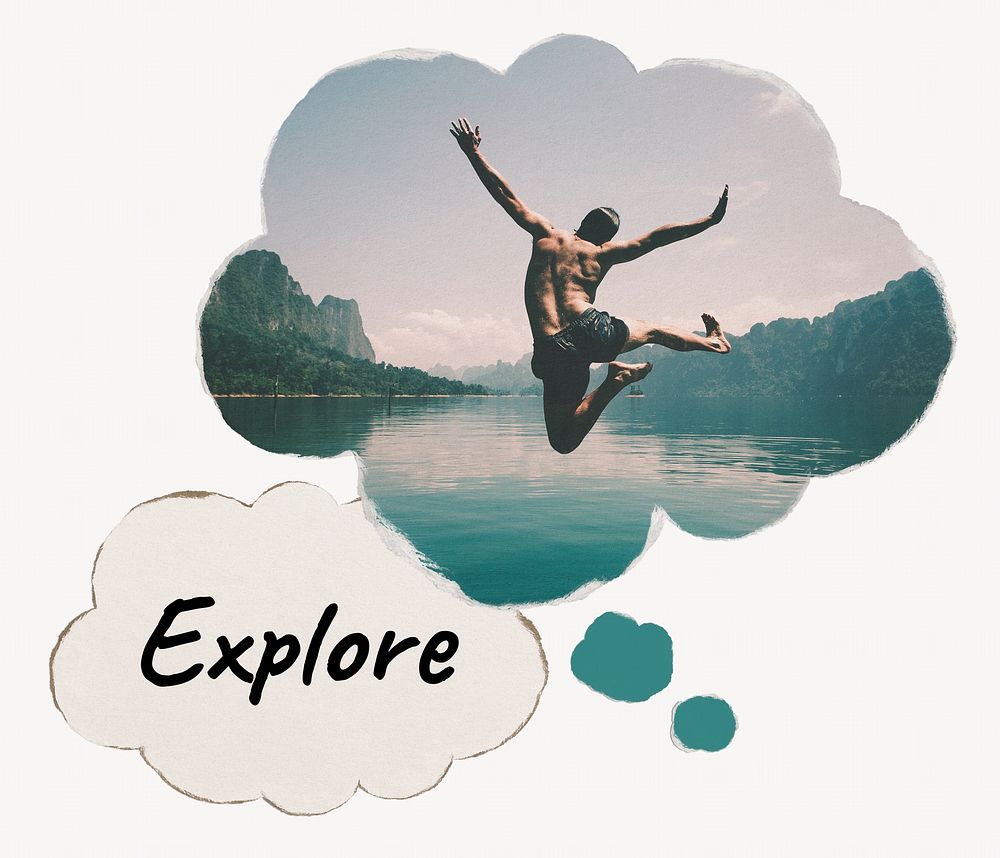 Explore speech bubble, carefree man jumping by a lake image