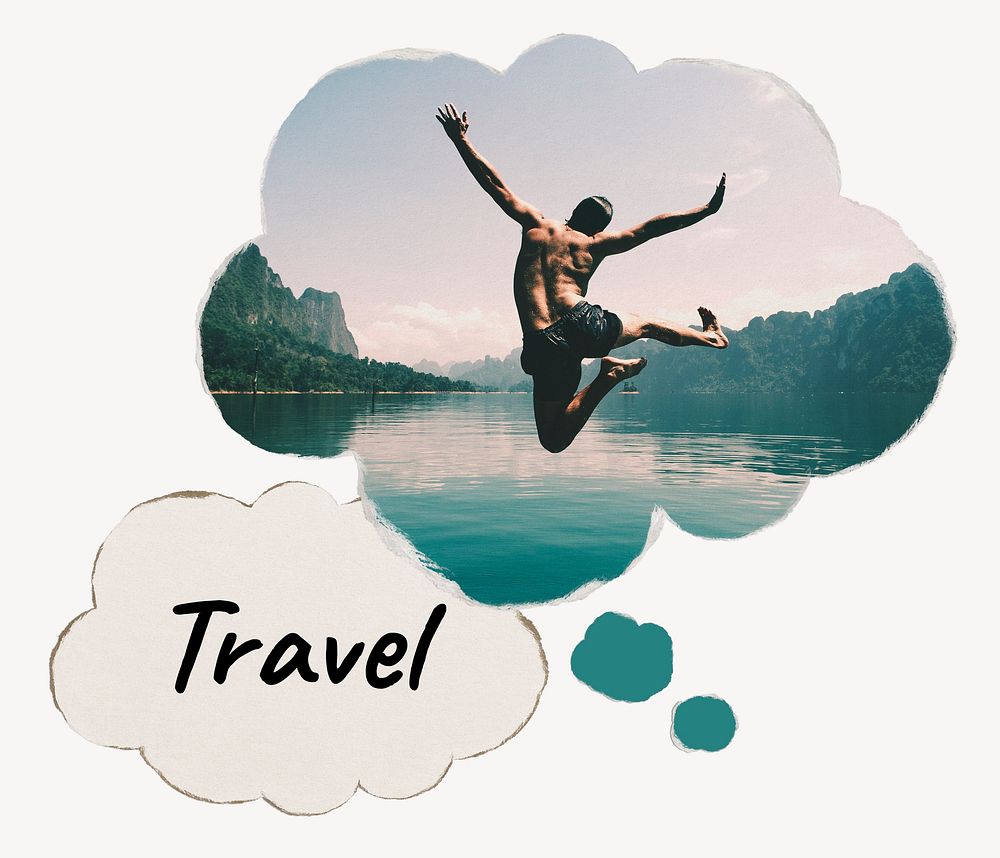 Travel speech bubble, carefree man jumping by a lake image