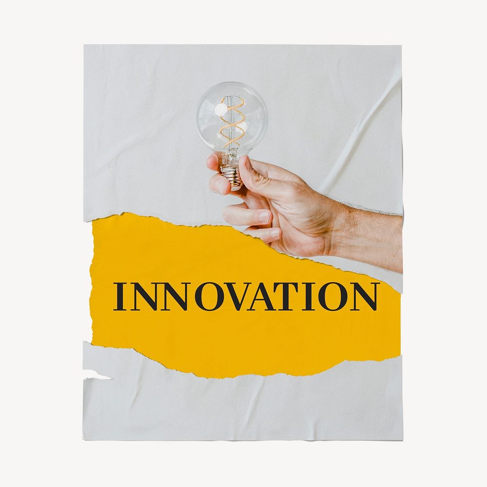 Innovation poster, light bulb image, ripped paper