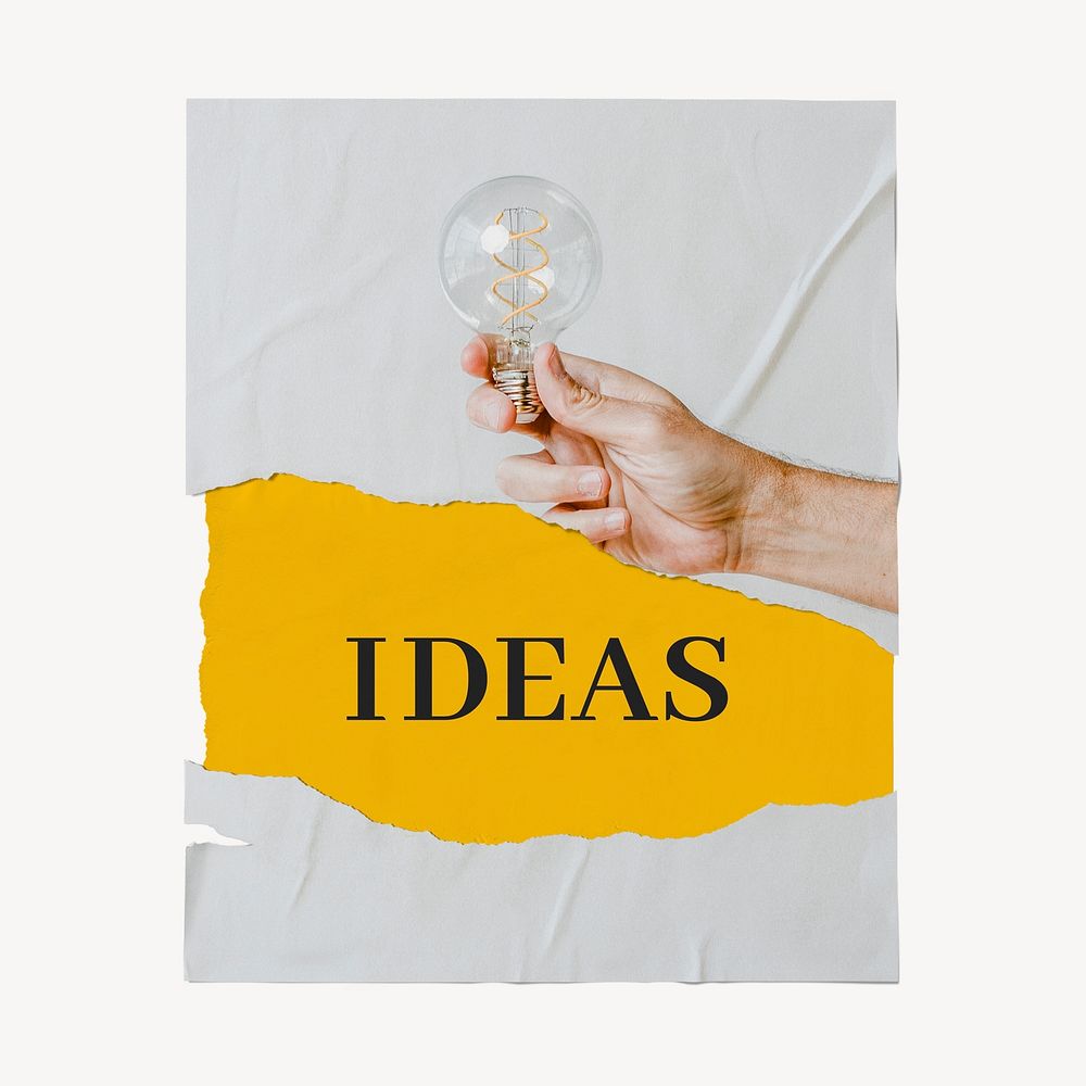 Ideas poster, light bulb image, ripped paper