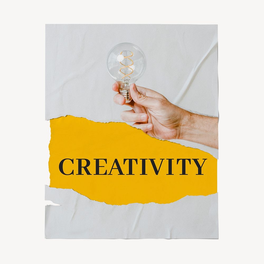 Creativity poster, light bulb image, ripped paper