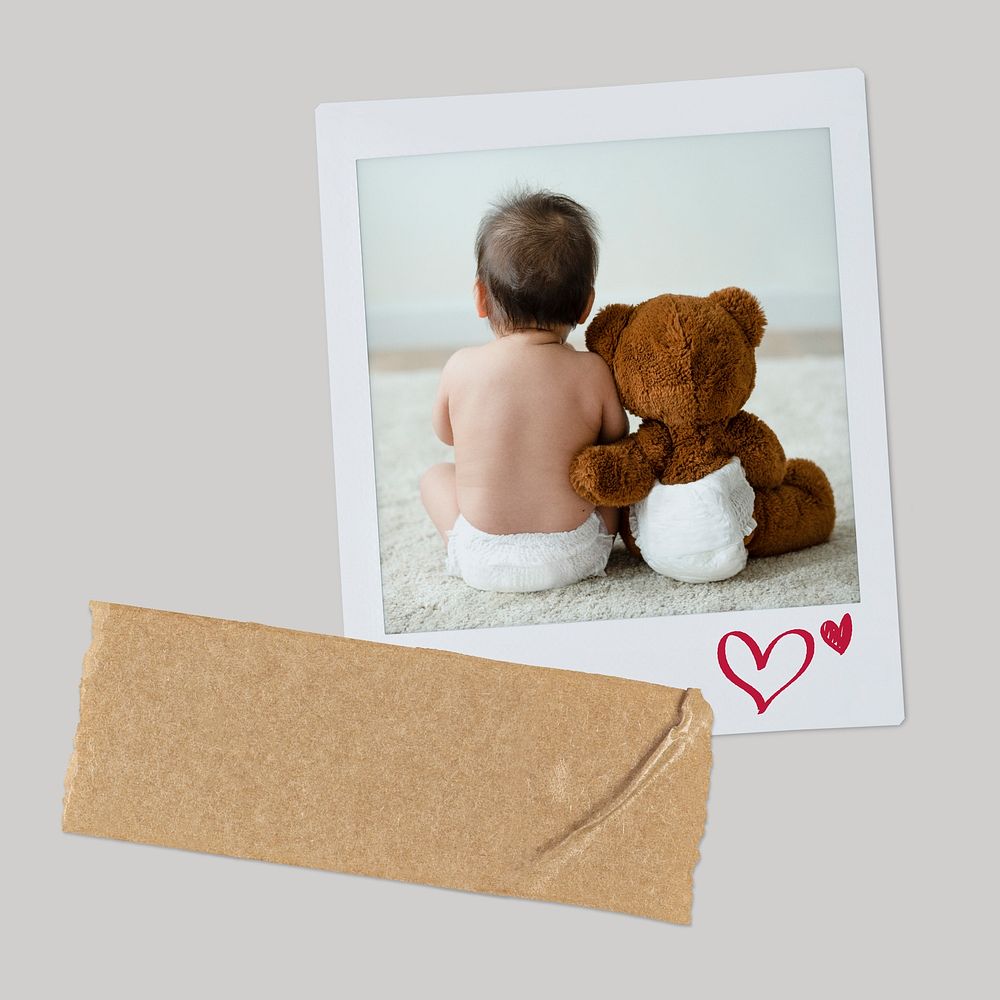 Baby with teddy bear instant photo, friendship image  