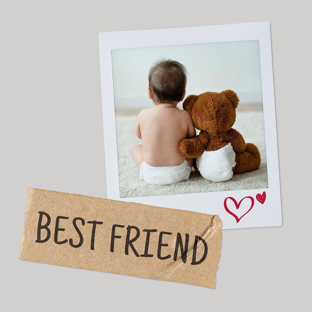 Best friend instant photo, baby sitting with teddy bear
