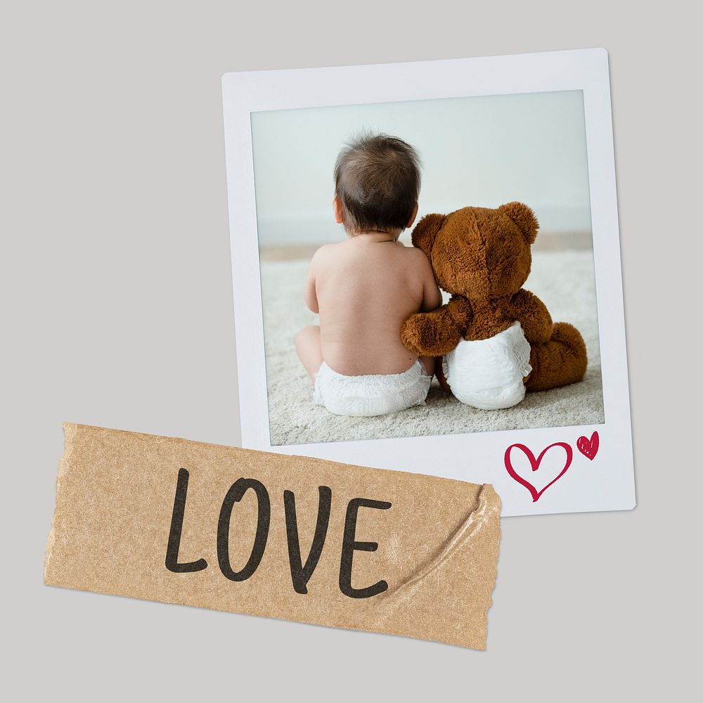 Love instant photo, baby sitting with teddy bear