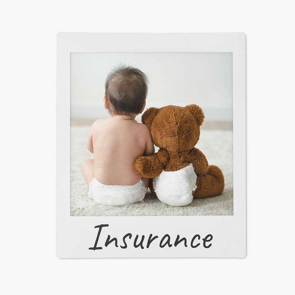 Insurance instant photo, baby sitting with teddy bear