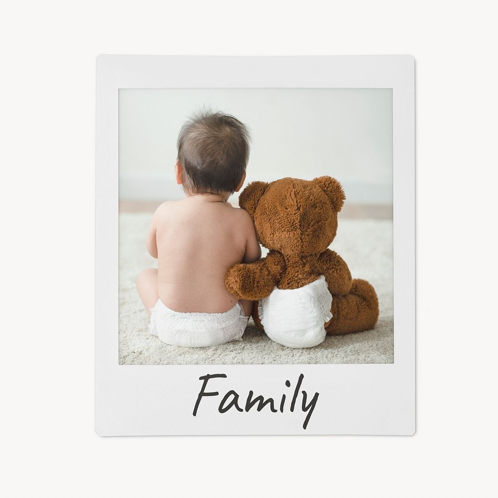 Family instant photo, baby sitting with teddy bear