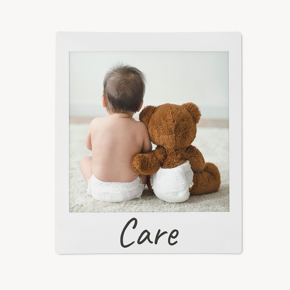 Care instant photo, baby sitting with teddy bear