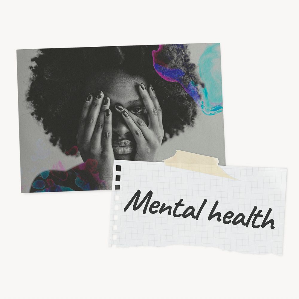 Mental health paper collage, wellness concept with woman covering face image