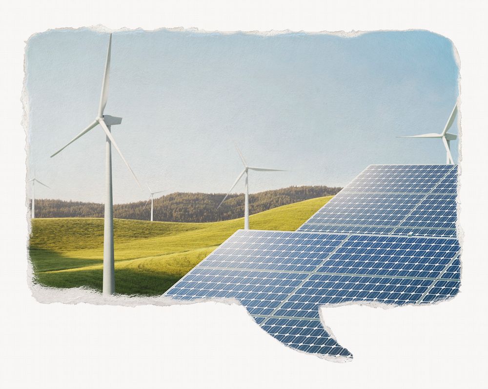 Renewable energy paper speech bubble, sustainable environment, wind turbine farm