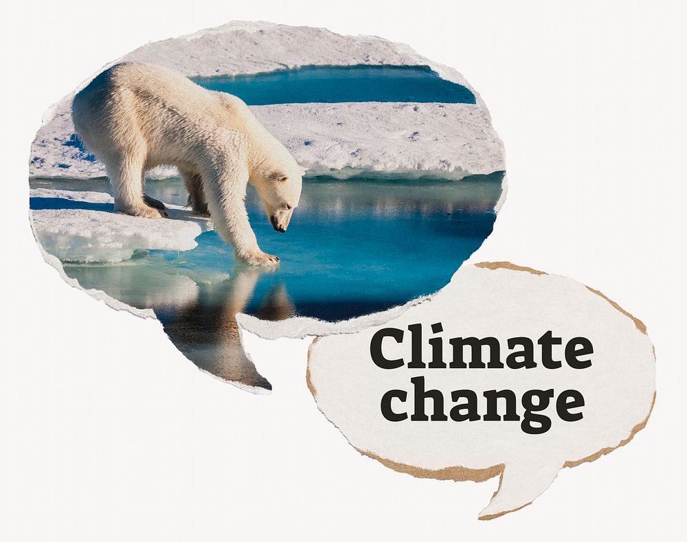 Climate change paper speech bubble, polar bear stepping on ice
