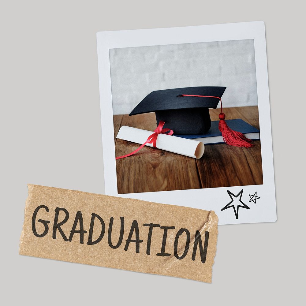 Graduation cap, scroll instant photo psd
