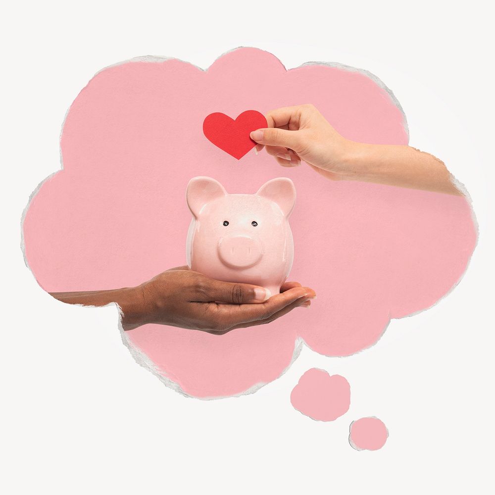 Charity piggy bank, speech bubble graphic