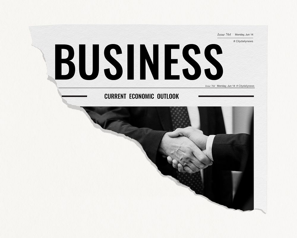 Business deal, handshake, ripped newspaper graphic
