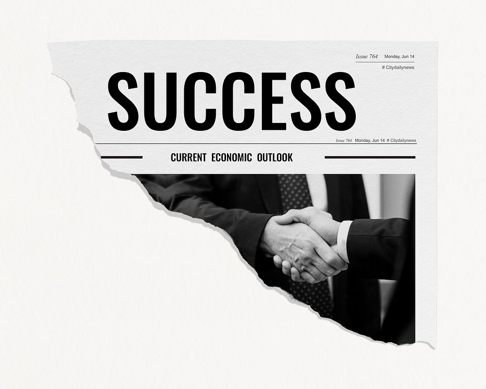 Business success, handshake, ripped newspaper graphic