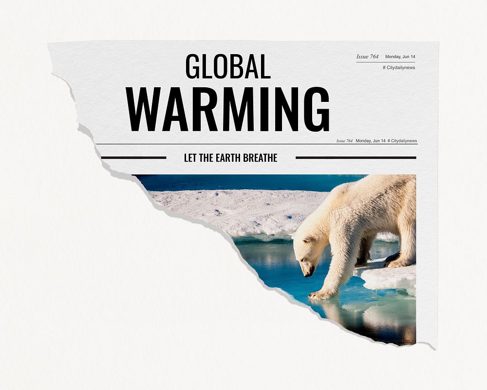 Global warming ripped newspaper, polar bear walking on ice image