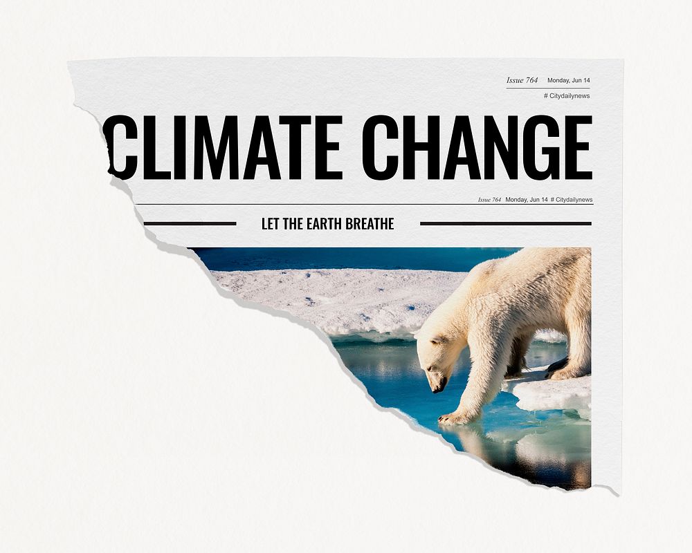 Climate change ripped newspaper, polar bear walking on ice image