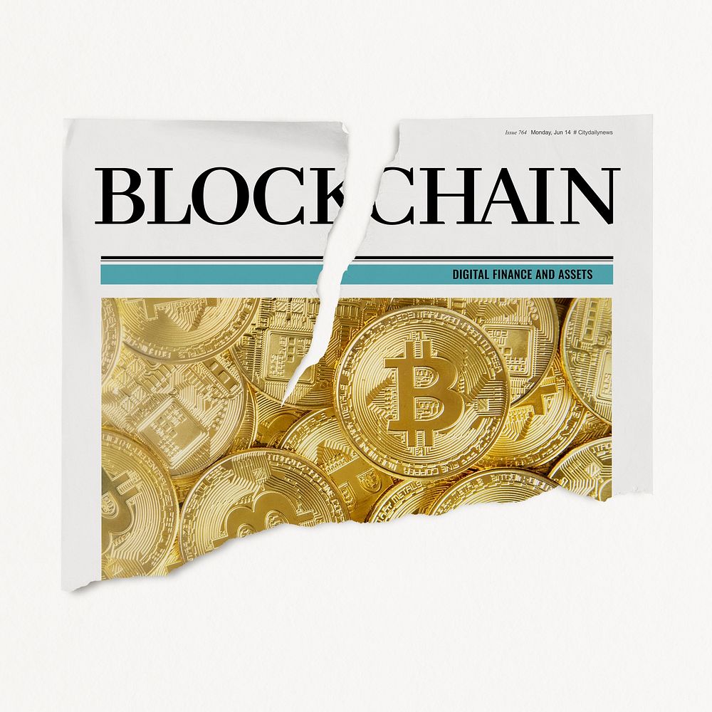 Ripped blockchain newspaper, cryptocurrency concept