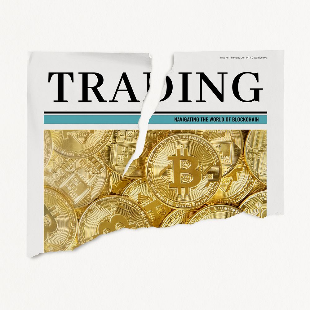 Ripped trading newspaper, cryptocurrency concept