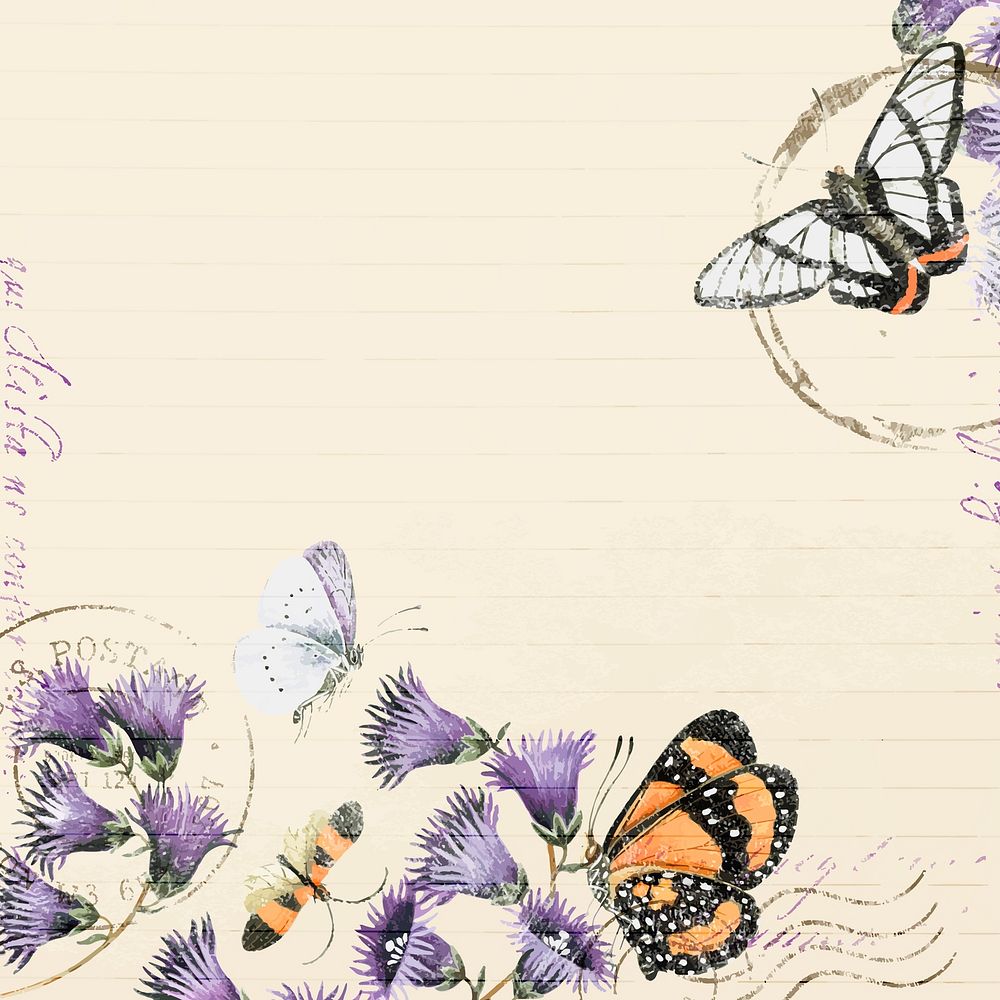 Flowers and butterflies background, ephemera illustration vector