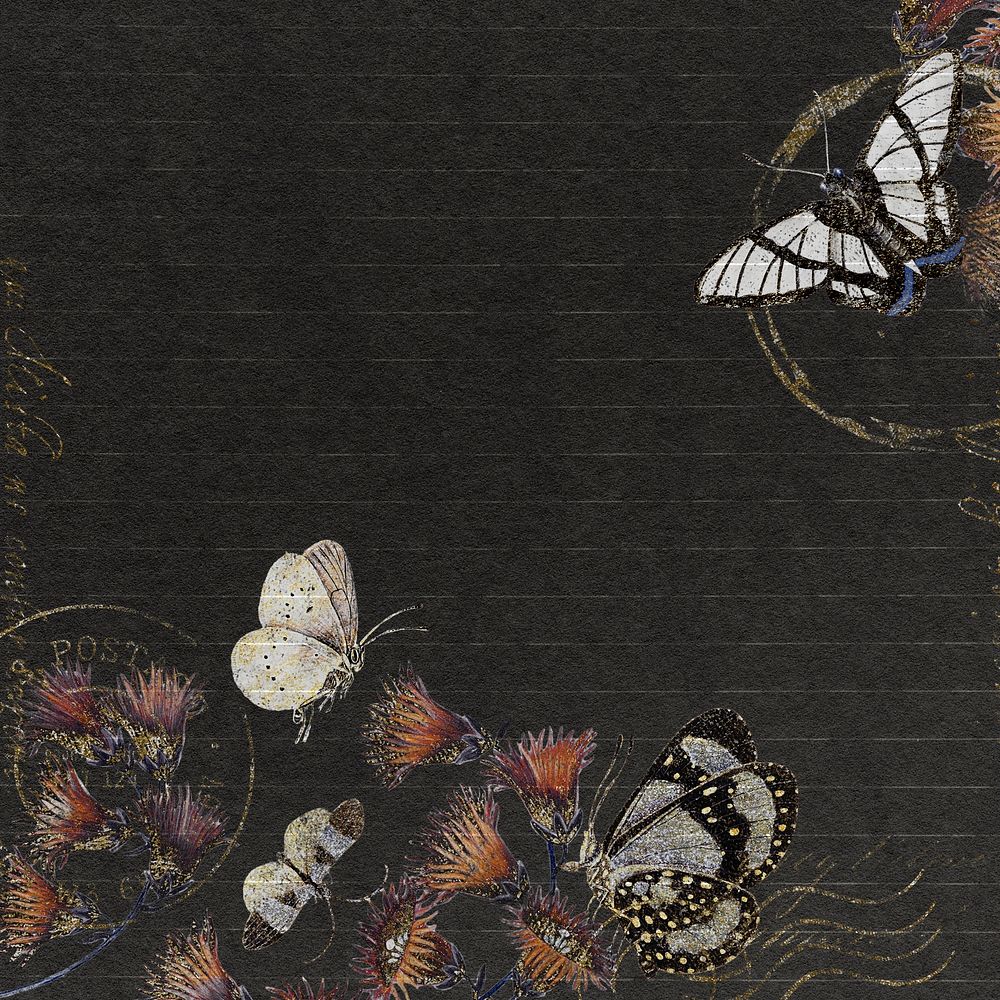 Flowers and butterflies on black background, aesthetic illustration