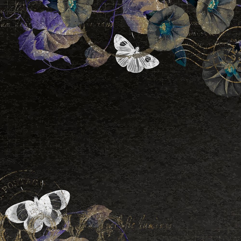 Flowers and butterflies on black background, aesthetic illustration vector