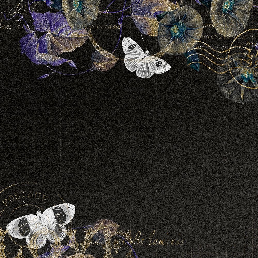 Flowers and butterflies on black background, aesthetic illustration psd