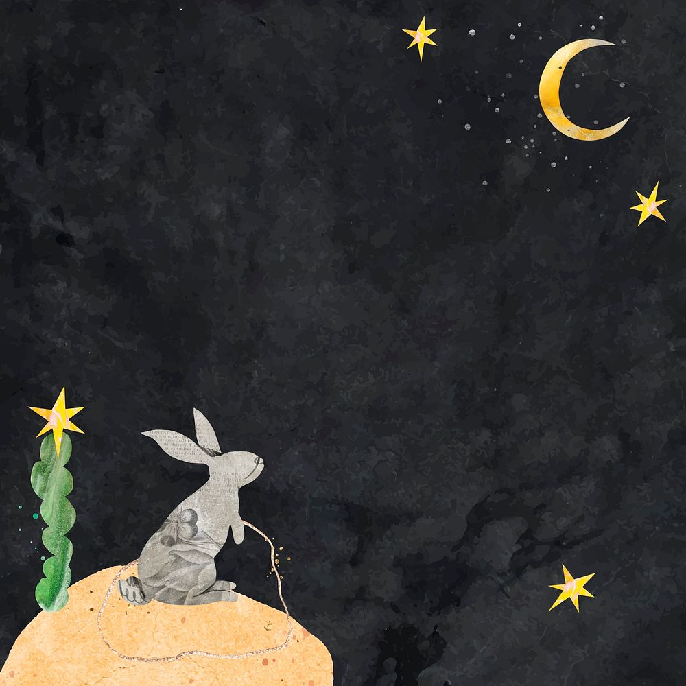 Rabbit moon border background, galaxy paper collage in black vector