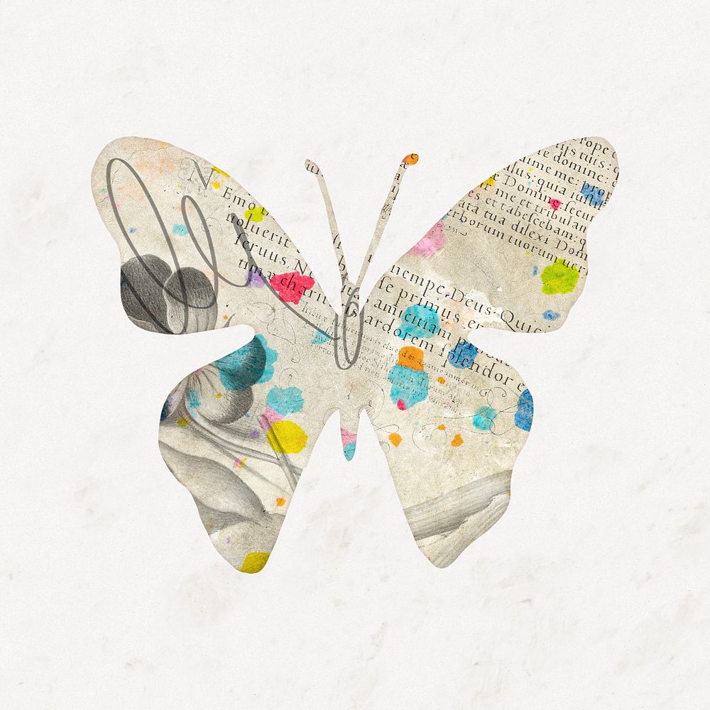 Aesthetic butterfly sticker, vintage letter silhouette psd