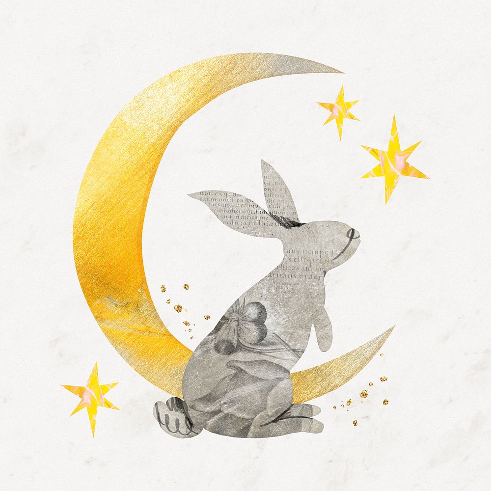 Moon rabbit, paper texture, aesthetic collage element
