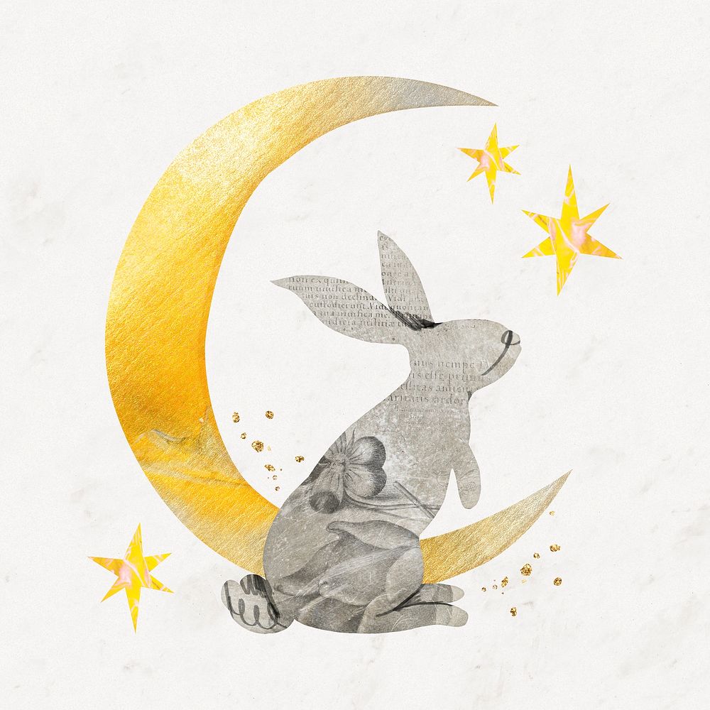Moon rabbit sticker, paper texture, aesthetic collage element psd