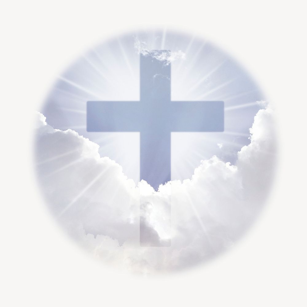 Christian cross sticker, aesthetic sky, spirituality photo badge psd