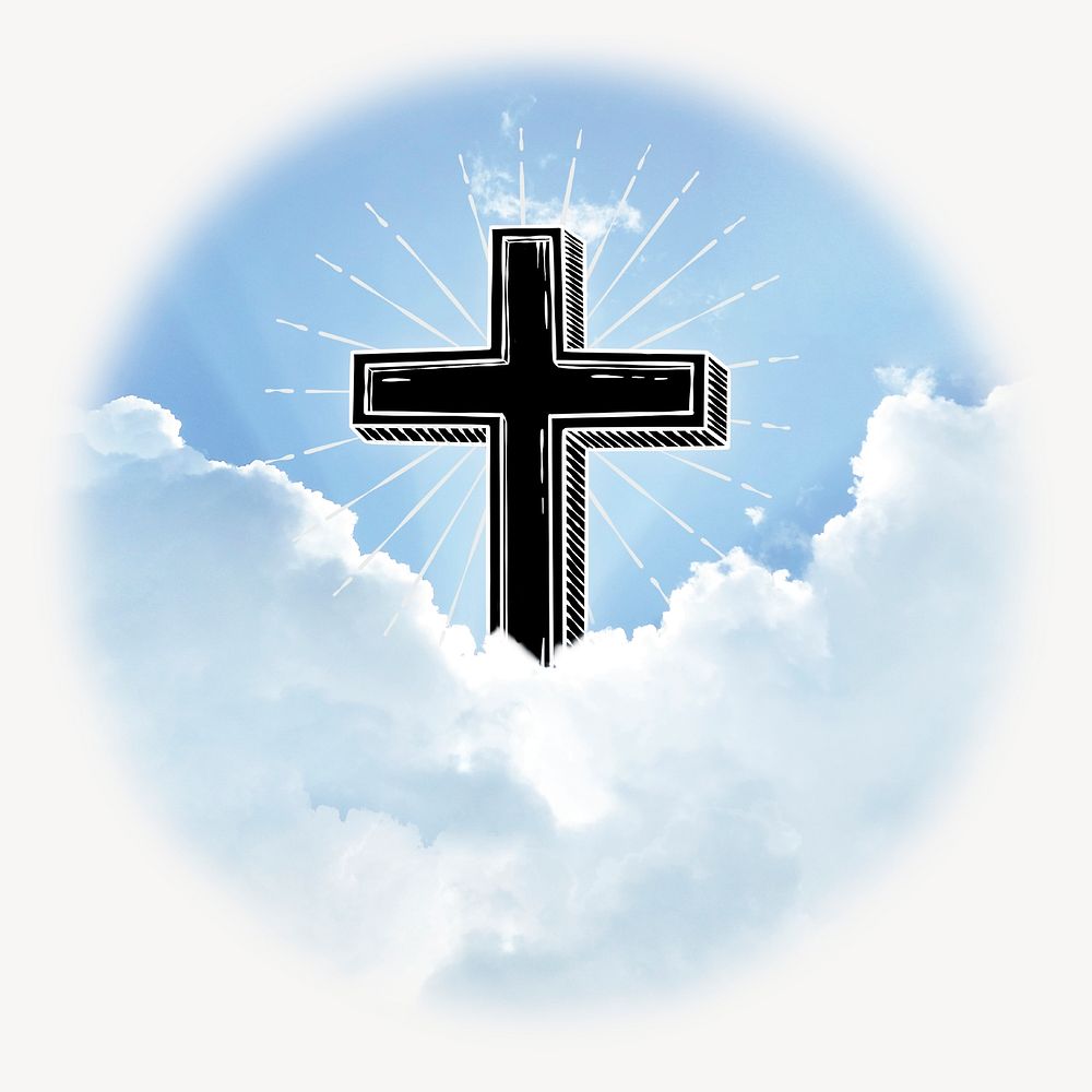 Christian cross sticker, aesthetic sky, spirituality photo badge psd