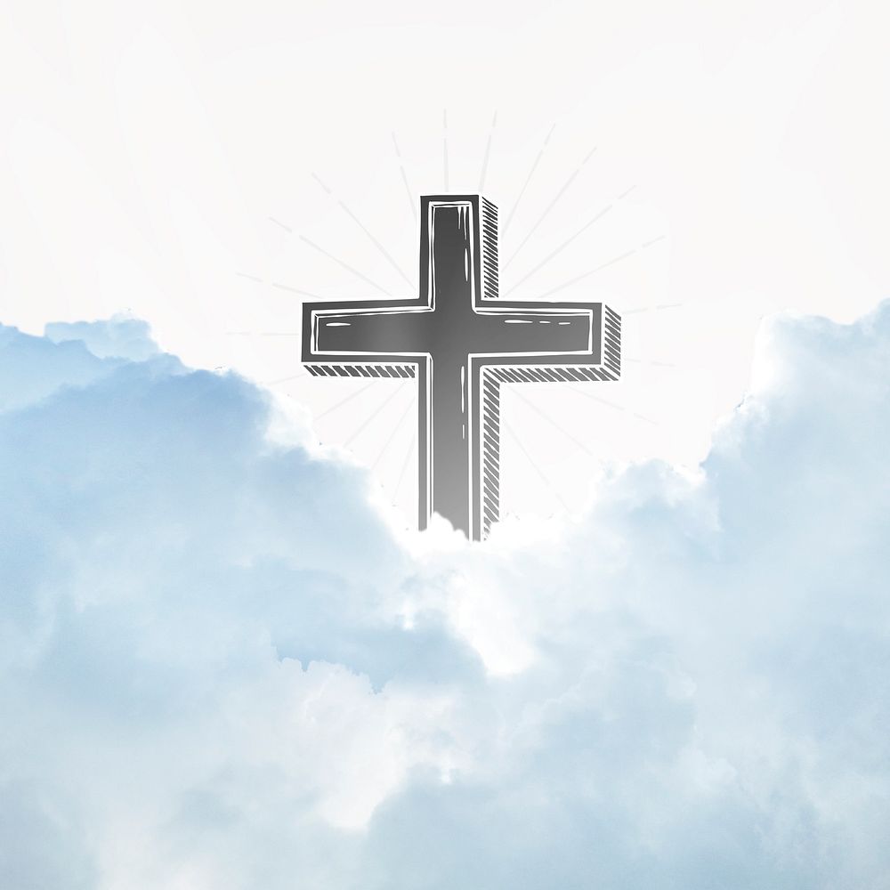 Blue Christian sky background, cross symbol, clouds photo