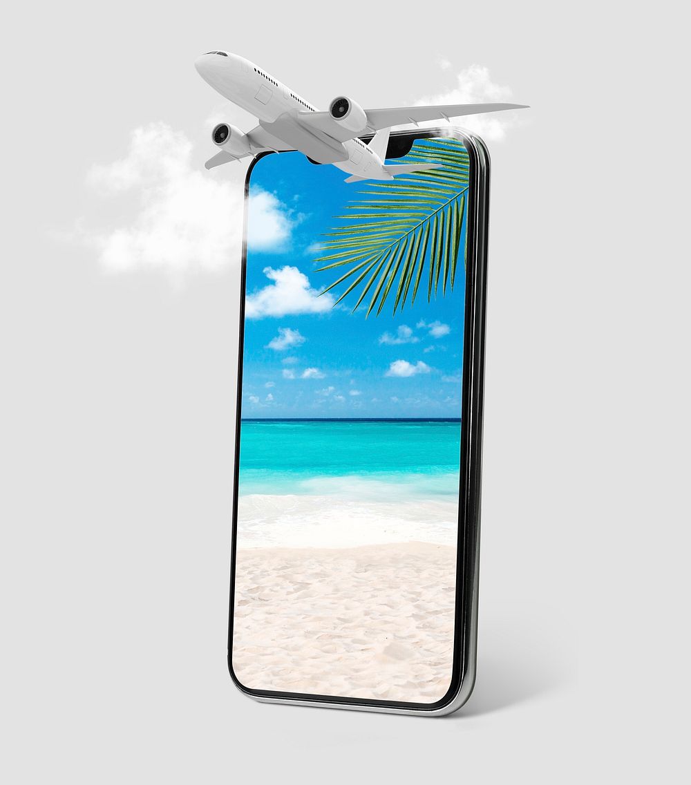 Summer beach on phone screen, travel agency ad