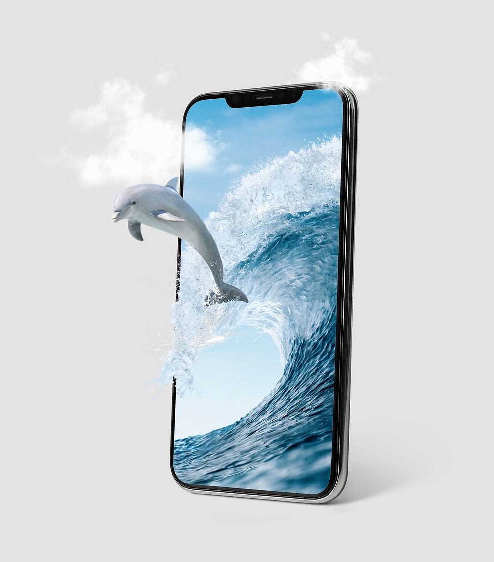Jumping dolphin on phone screen, summer vacation ad