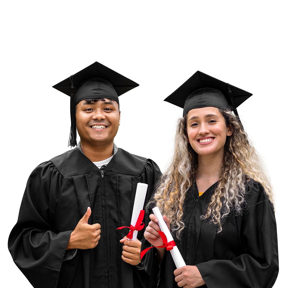 Diverse students graduating university, isolated on off white