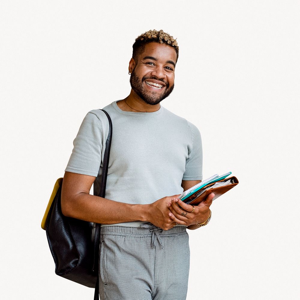 Happy African American student, isolated on off white