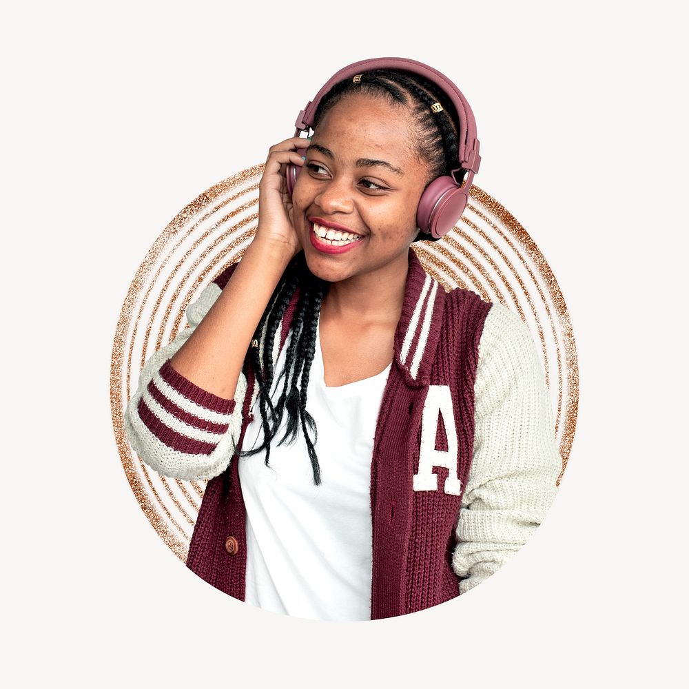 African American girl with earphones, badge design