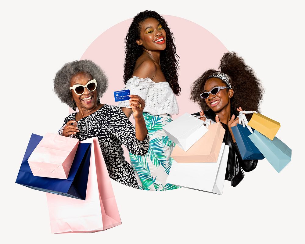 Happy women with shopping bags, badge design