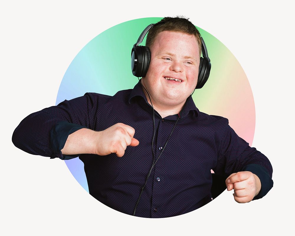 Boy with Down Syndrome listening to music, badge design