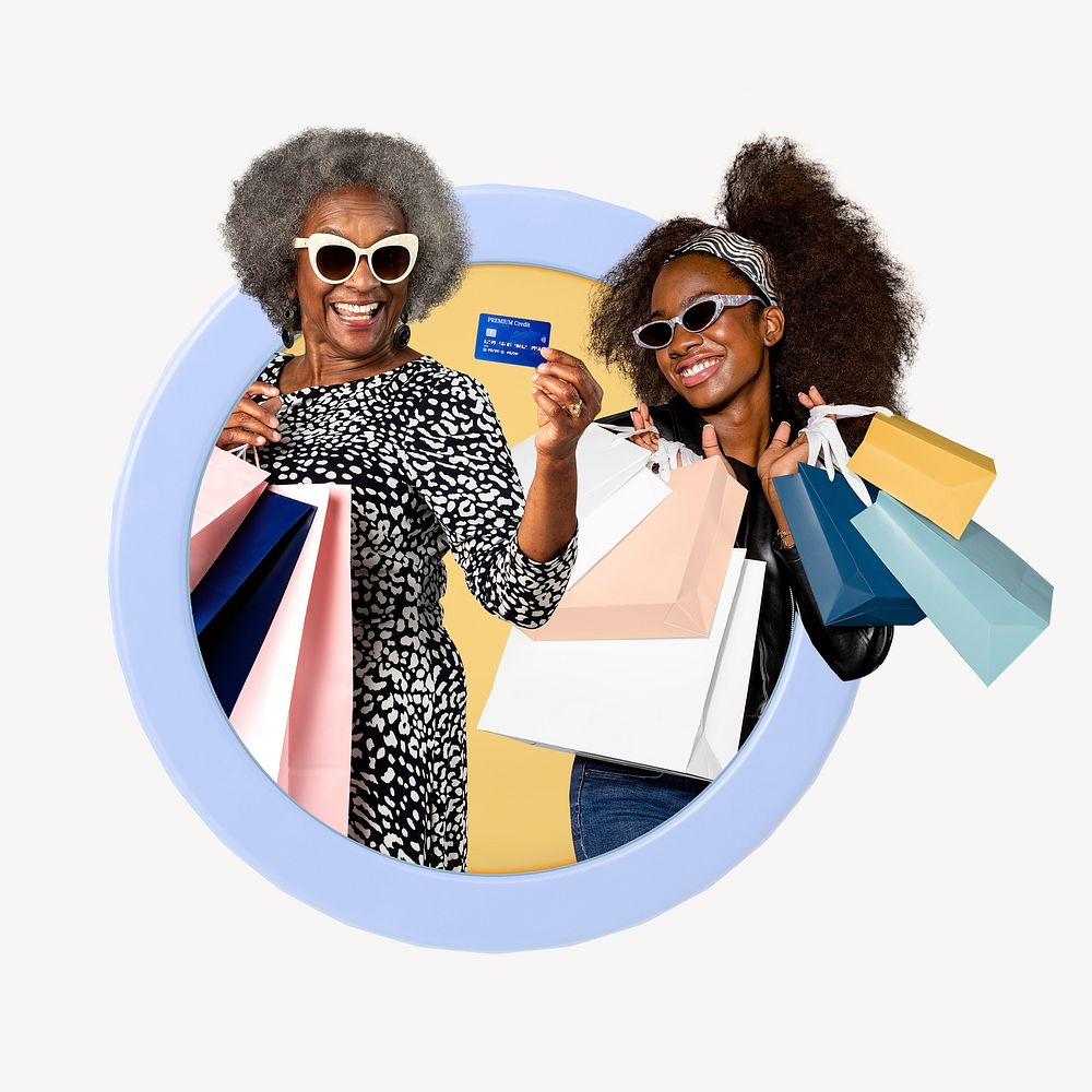Happy women with shopping bags, badge design