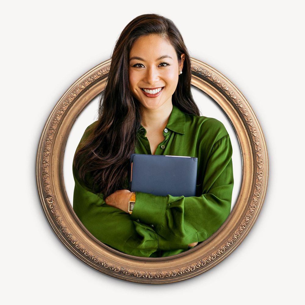 Confident Asian woman, picture frame badge design