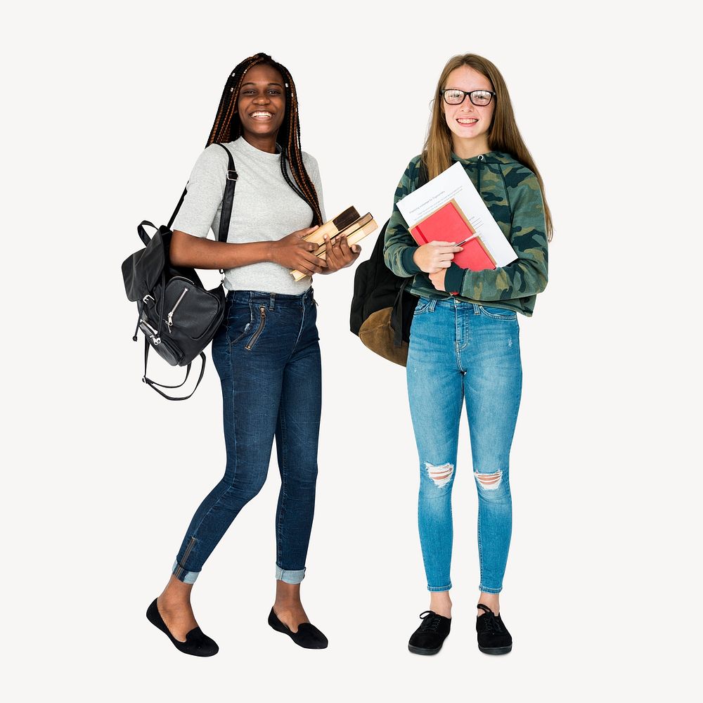 High school students with homework, isolated on off white