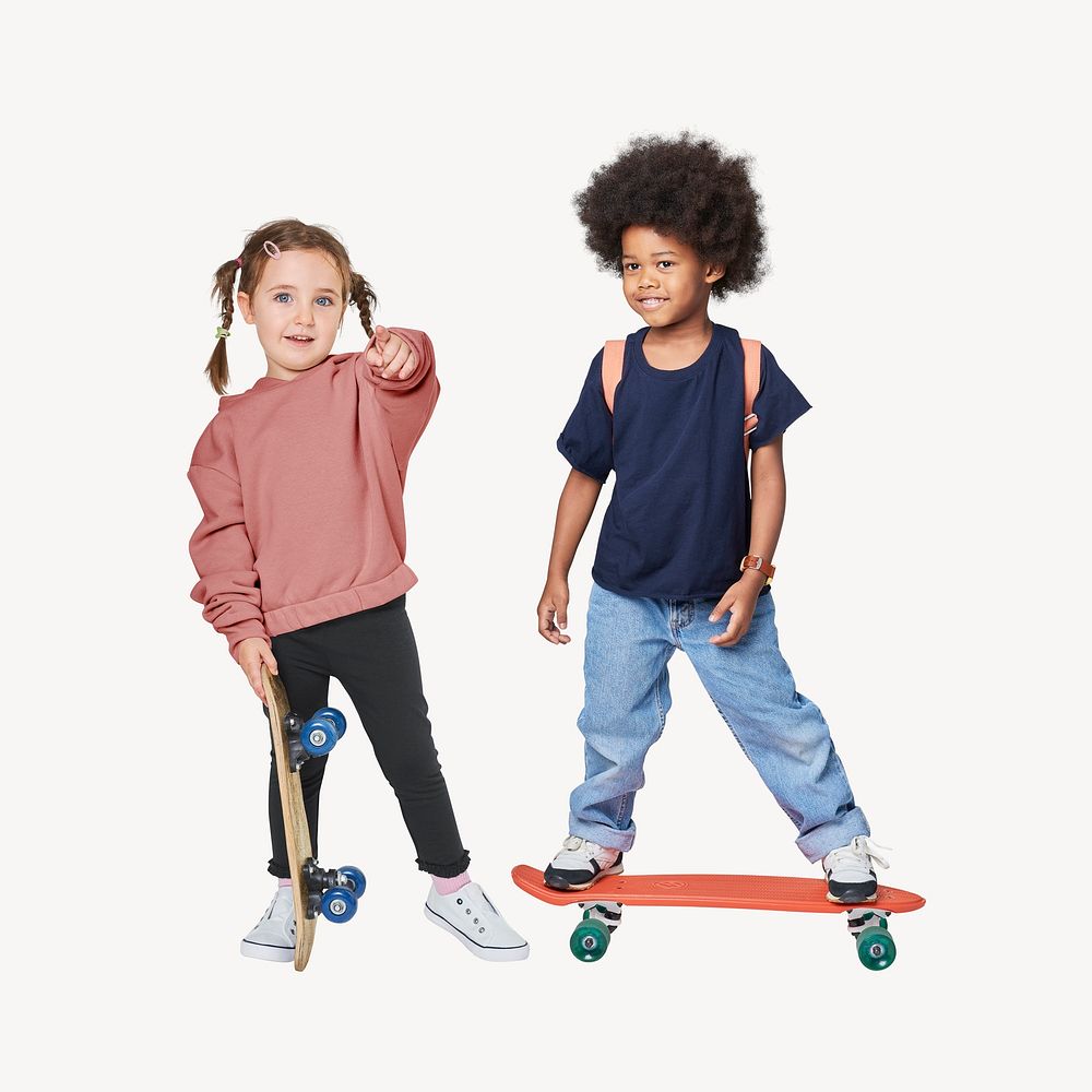 Kids on skateboards, isolated on off white