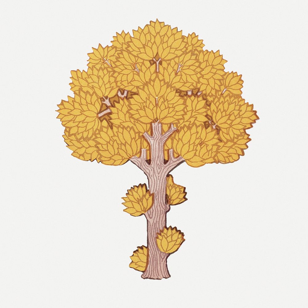 Yellow tree sticker, vintage botanical illustration psd