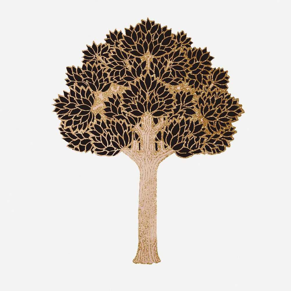 Gold tree sticker, vintage botanical illustration psd